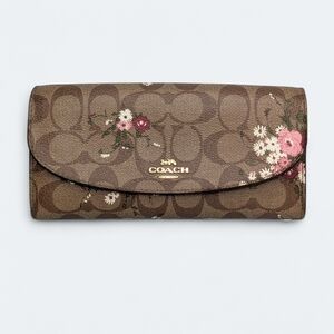 Coach Floral Signature Coated Canvas Long Wallet Brown Khaki Floral Print Snap